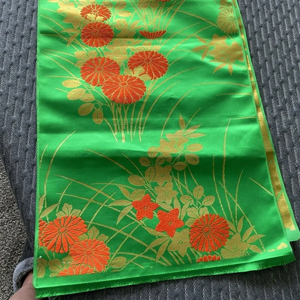 Vintage long Table Runner Oriental Satin Green Orange Floral 14 x 156